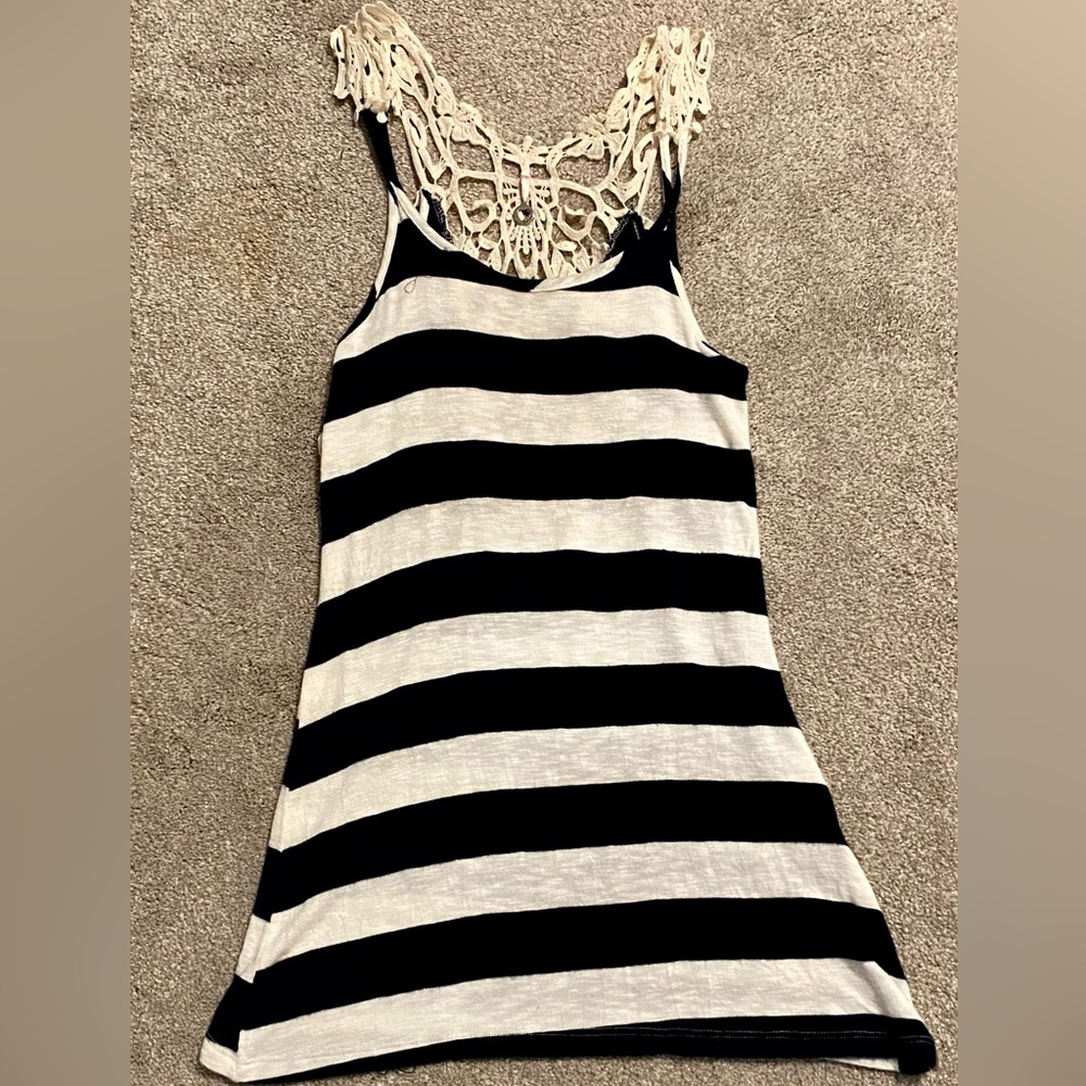 Navy and White Striped Lace Tank top - Size Medium